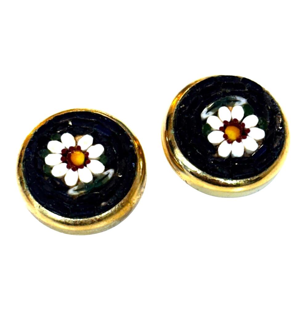 Vintage clip on earrings black white flower Millifiori on small goldtone buttons